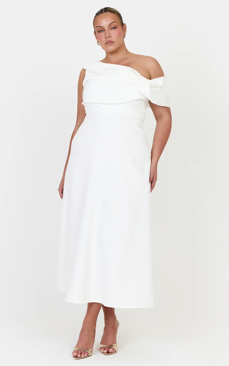 Mirabella Midi Dress - One Shoulder Twist Front Dress in Off White