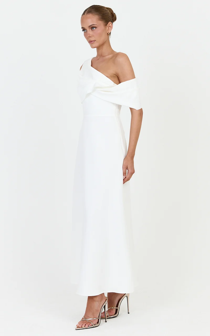 Mirabella Midi Dress - One Shoulder Twist Front Dress in Off White