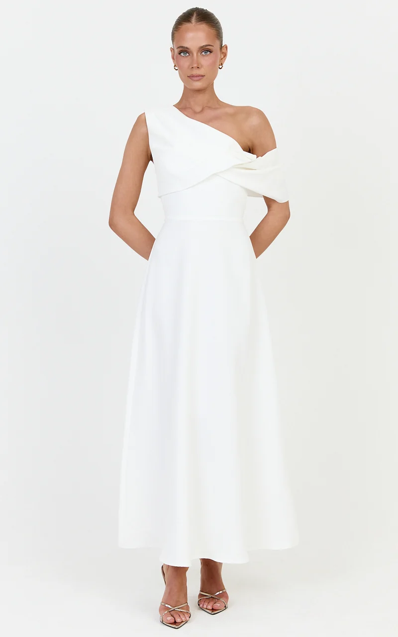 Mirabella Midi Dress - One Shoulder Twist Front Dress in Off White
