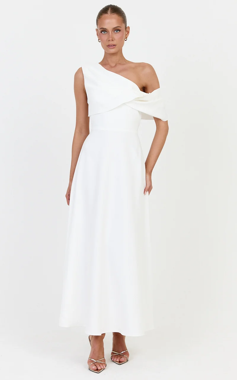 Mirabella Midi Dress - One Shoulder Twist Front Dress in Off White