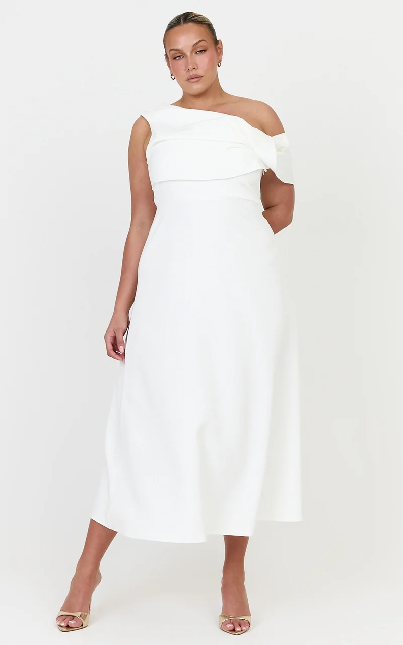 Mirabella Midi Dress - One Shoulder Twist Front Dress in Off White