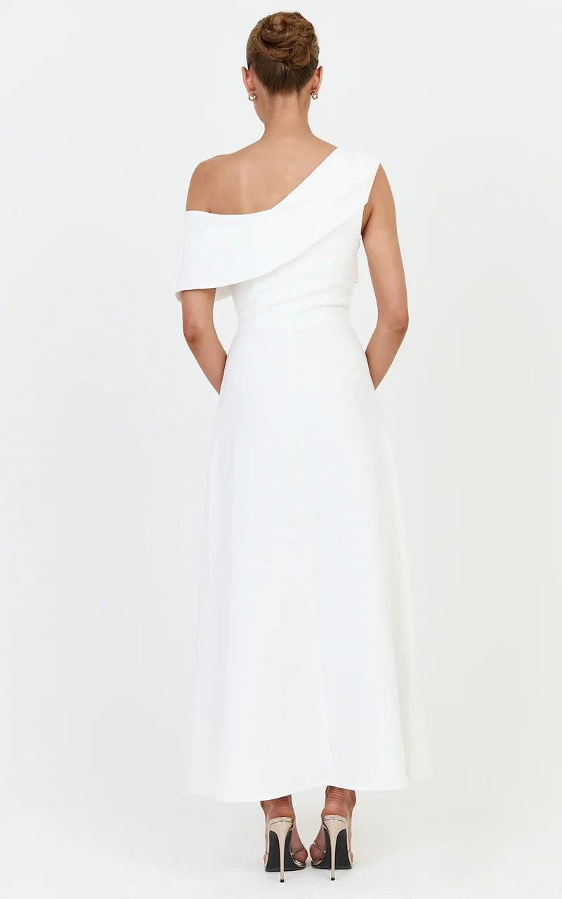 Mirabella Midi Dress - One Shoulder Twist Front Dress in Off White