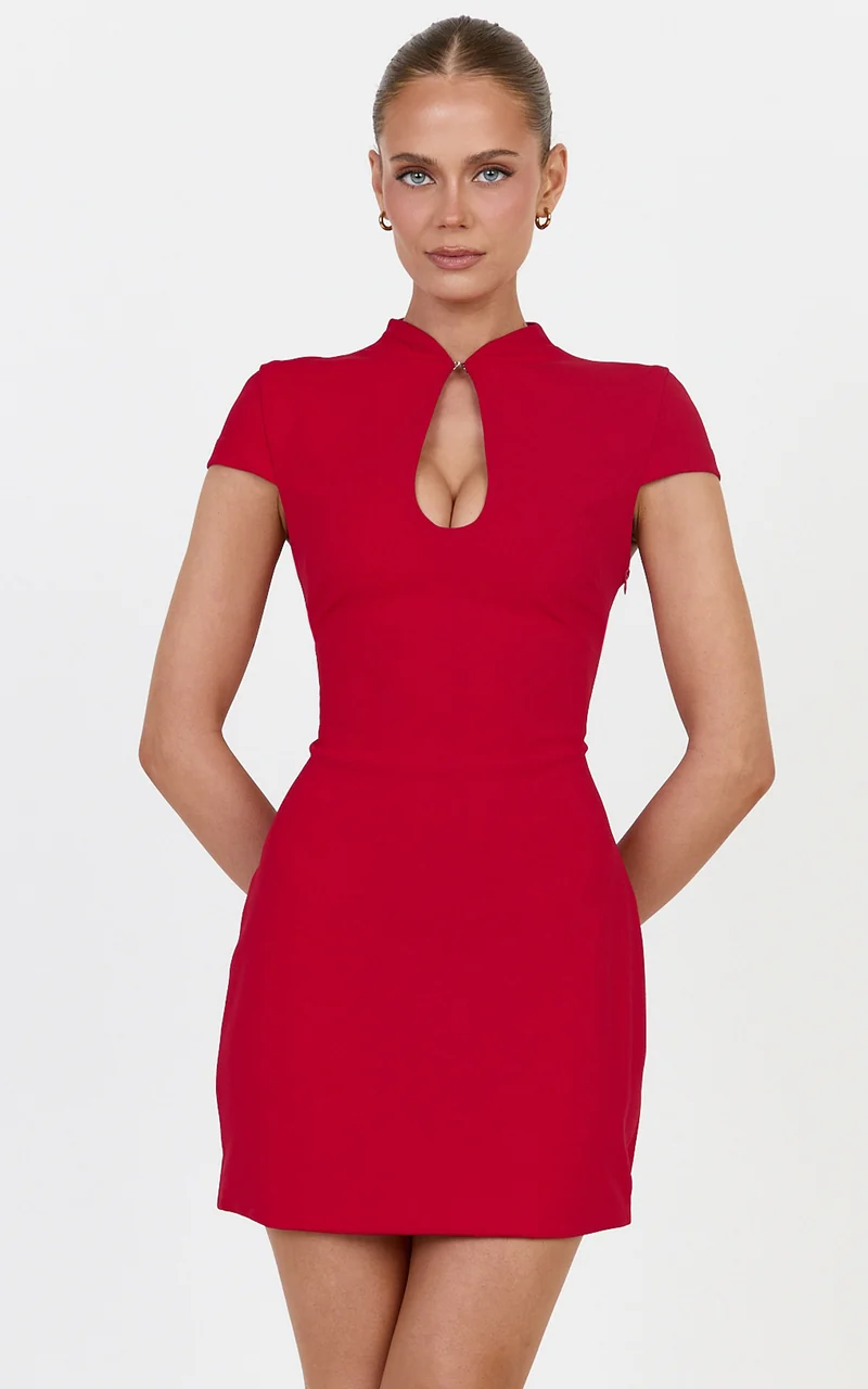 Briony Mini Dress - High Neck Front Key Hole Fitted Dress in Red