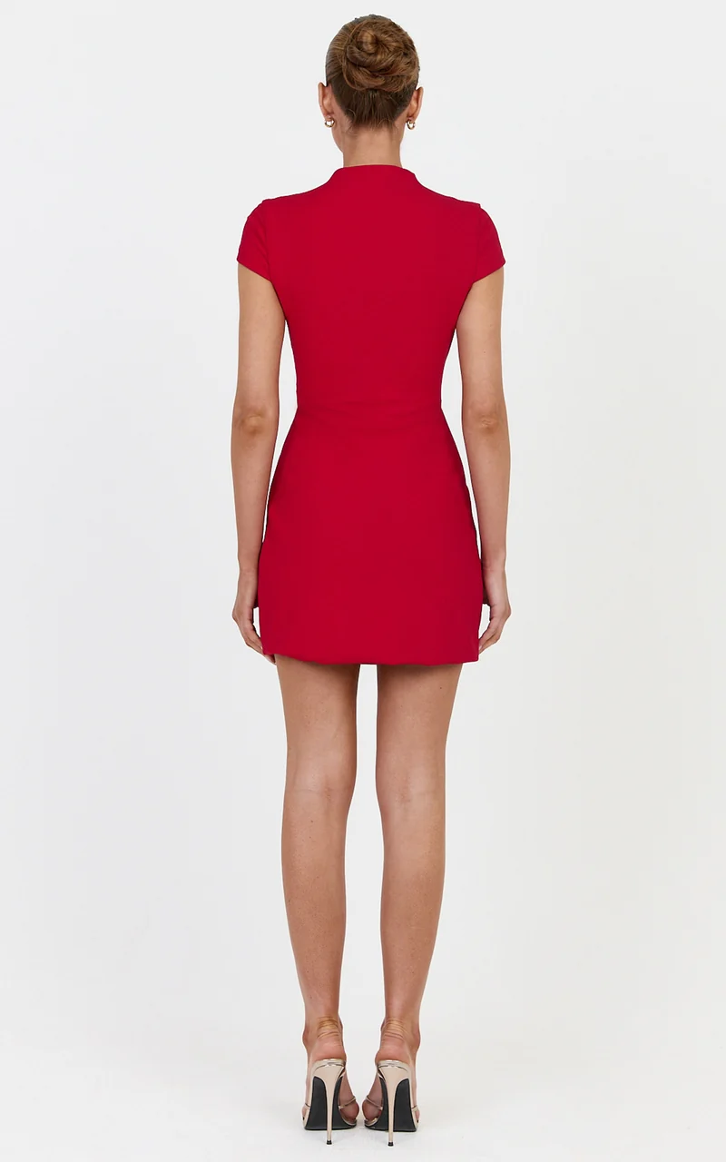 Briony Mini Dress - High Neck Front Key Hole Fitted Dress in Red