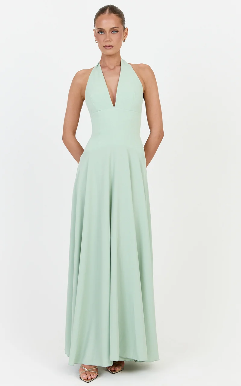 Poppy Maxi Dress - Contrast Skirt Deep Plunge Halter Dress in Sage