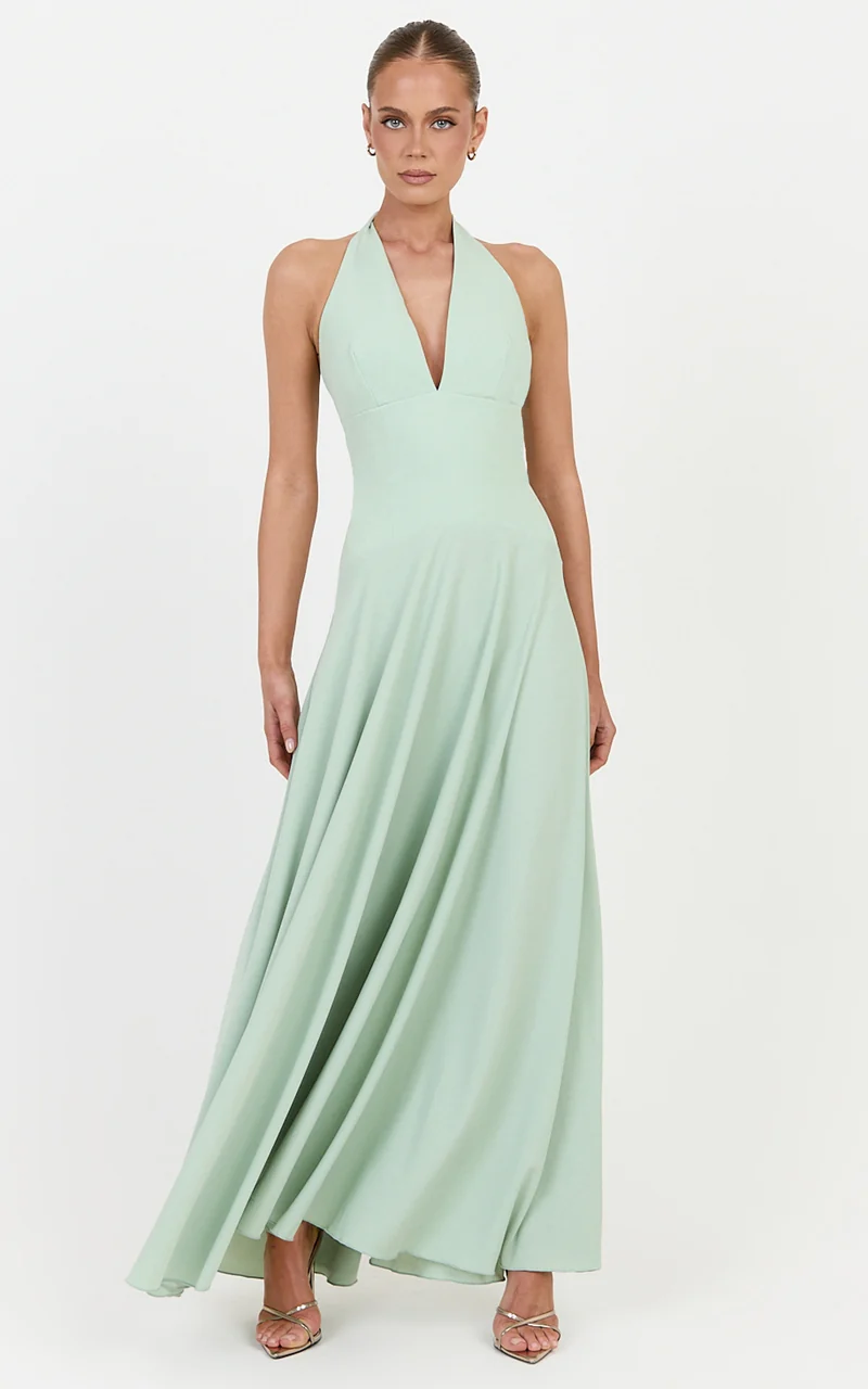 Poppy Maxi Dress - Contrast Skirt Deep Plunge Halter Dress in Sage