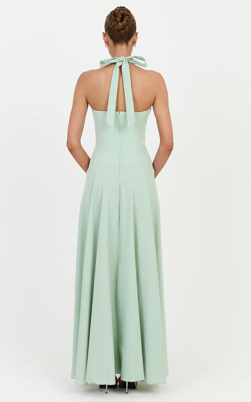 Poppy Maxi Dress - Contrast Skirt Deep Plunge Halter Dress in Sage