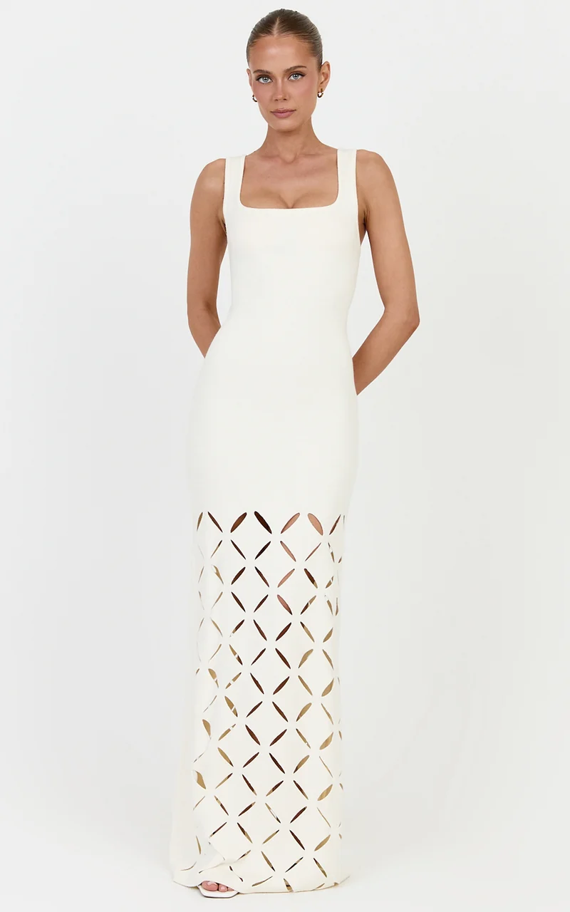 Sabrina Maxi Dress - Scoop Neck Laser Cut Dress in Cream