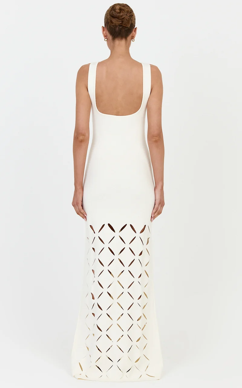Sabrina Maxi Dress - Scoop Neck Laser Cut Dress in Cream