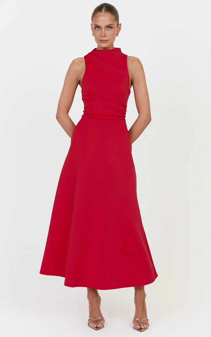 Macy Midi Dress - High Neck A Line Dress in Red