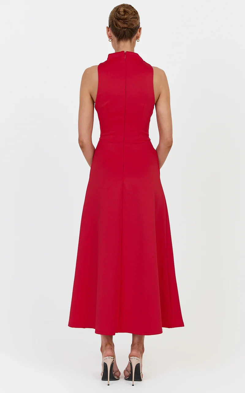 Macy Midi Dress - High Neck A Line Dress in Red