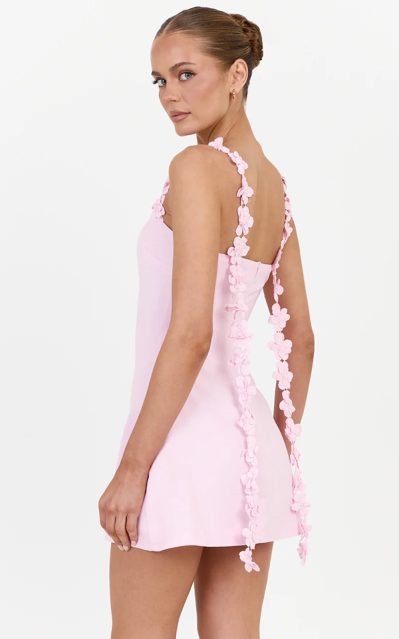 Clementine Mini Dress - 3D Floral Strap Dress in Pink