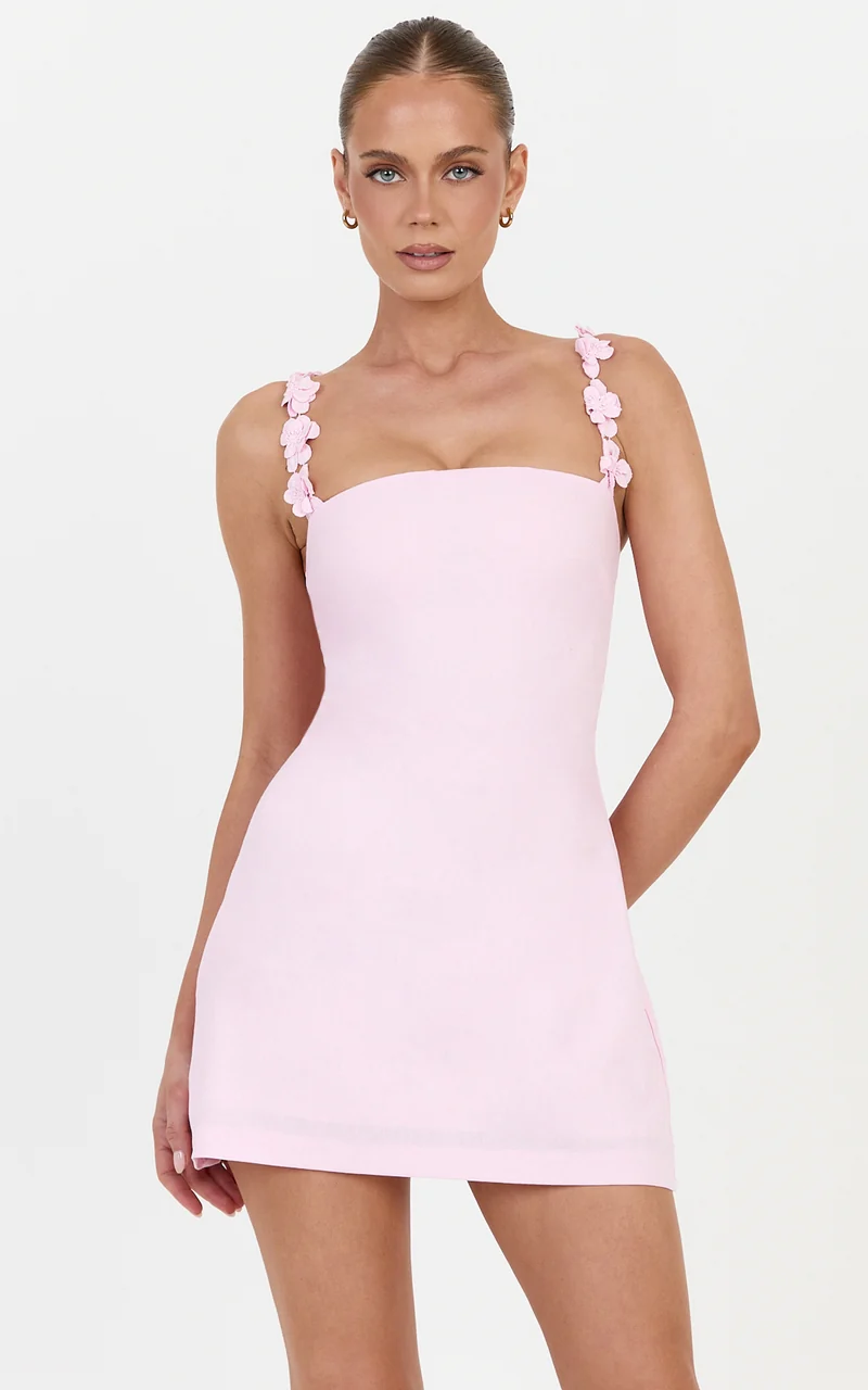 Clementine Mini Dress - 3D Floral Strap Dress in Pink