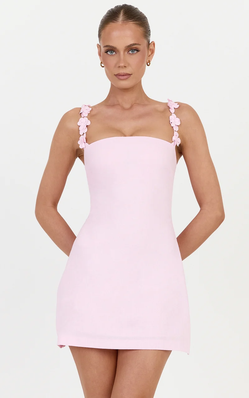 Clementine Mini Dress - 3D Floral Strap Dress in Pink