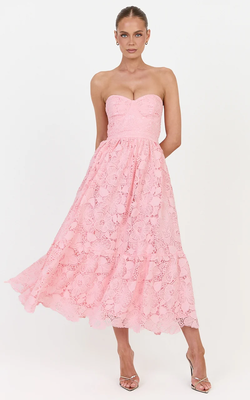 Gabriela Midi Dress - Strapless Lace Dress in Light Pink