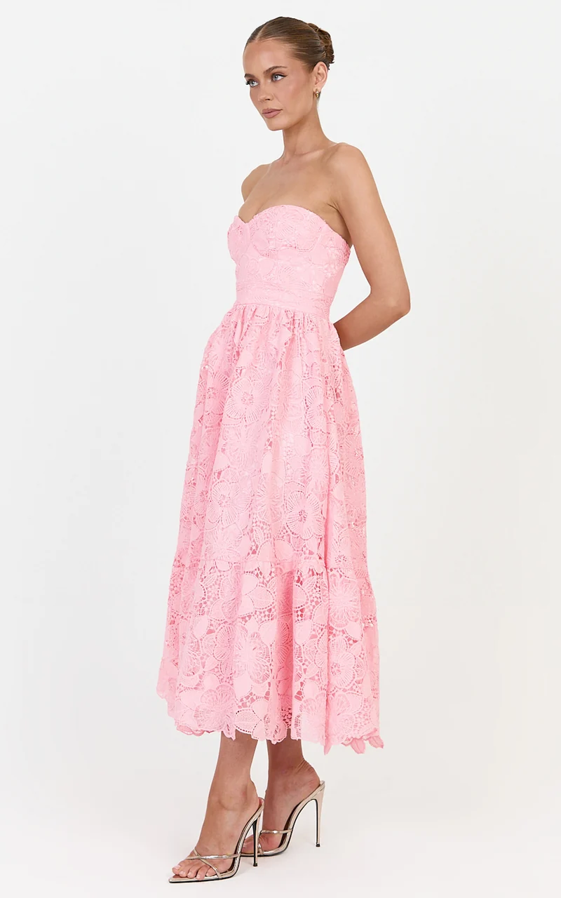 Gabriela Midi Dress - Strapless Lace Dress in Light Pink