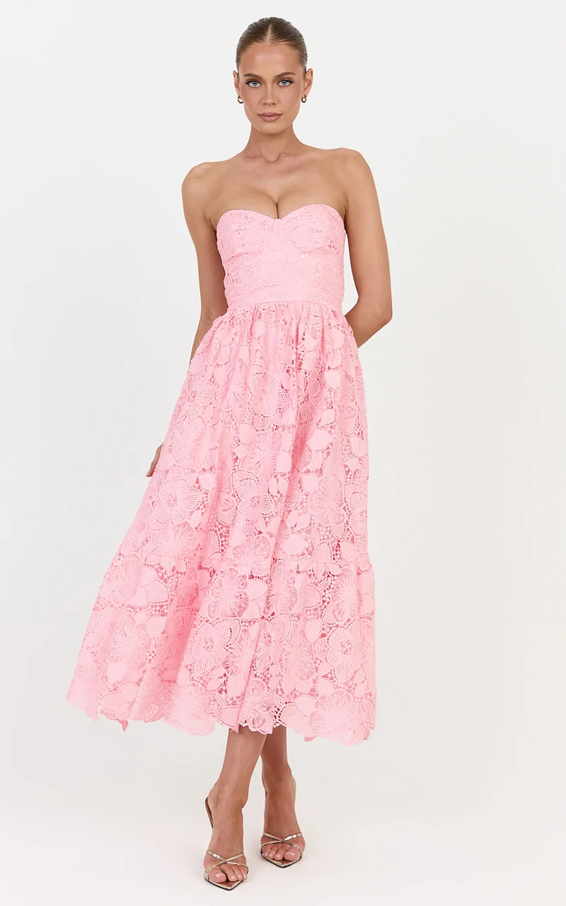 Gabriela Midi Dress - Strapless Lace Dress in Light Pink