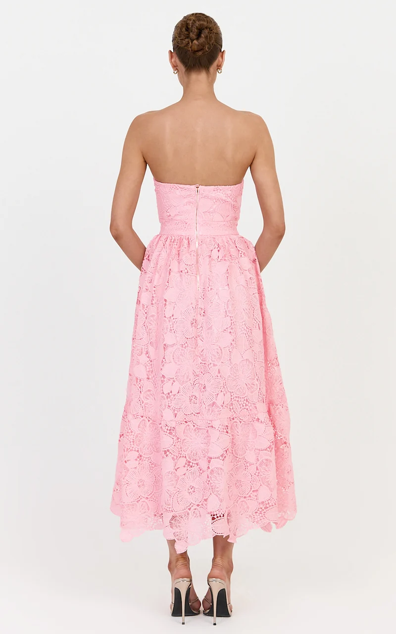 Gabriela Midi Dress - Strapless Lace Dress in Light Pink