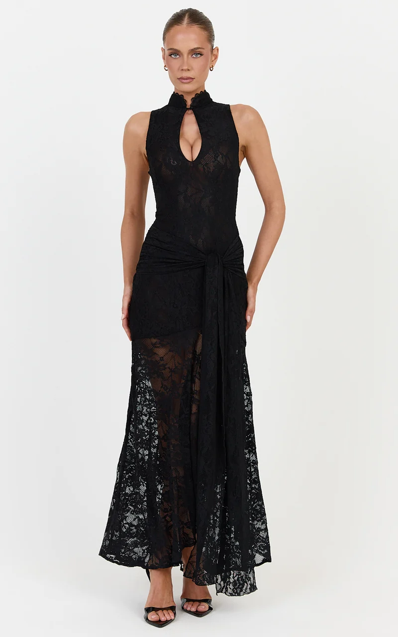 Nyla Midi Dress - Sleeveless Collared Keyhole Lace Hip Tie Dress in Black