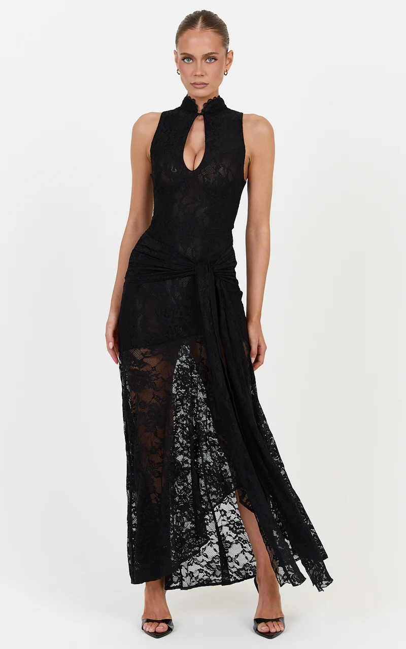 Nyla Midi Dress - Sleeveless Collared Keyhole Lace Hip Tie Dress in Black