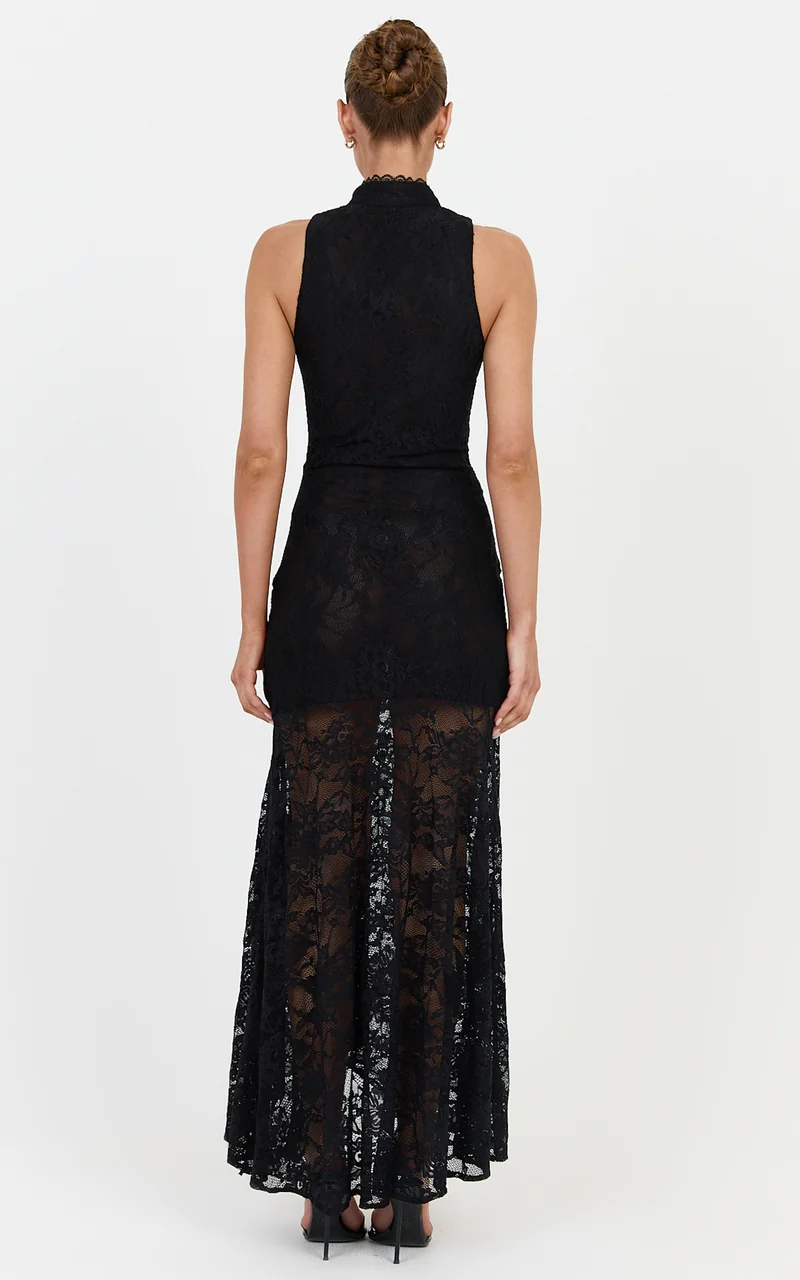 Nyla Midi Dress - Sleeveless Collared Keyhole Lace Hip Tie Dress in Black