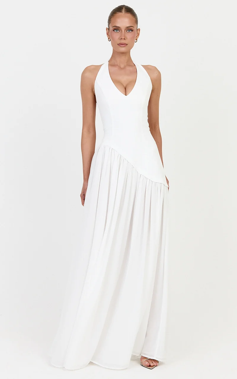 Calla Maxi Dress - Halter Neck Asymmetric Dropped Waist Dress in White