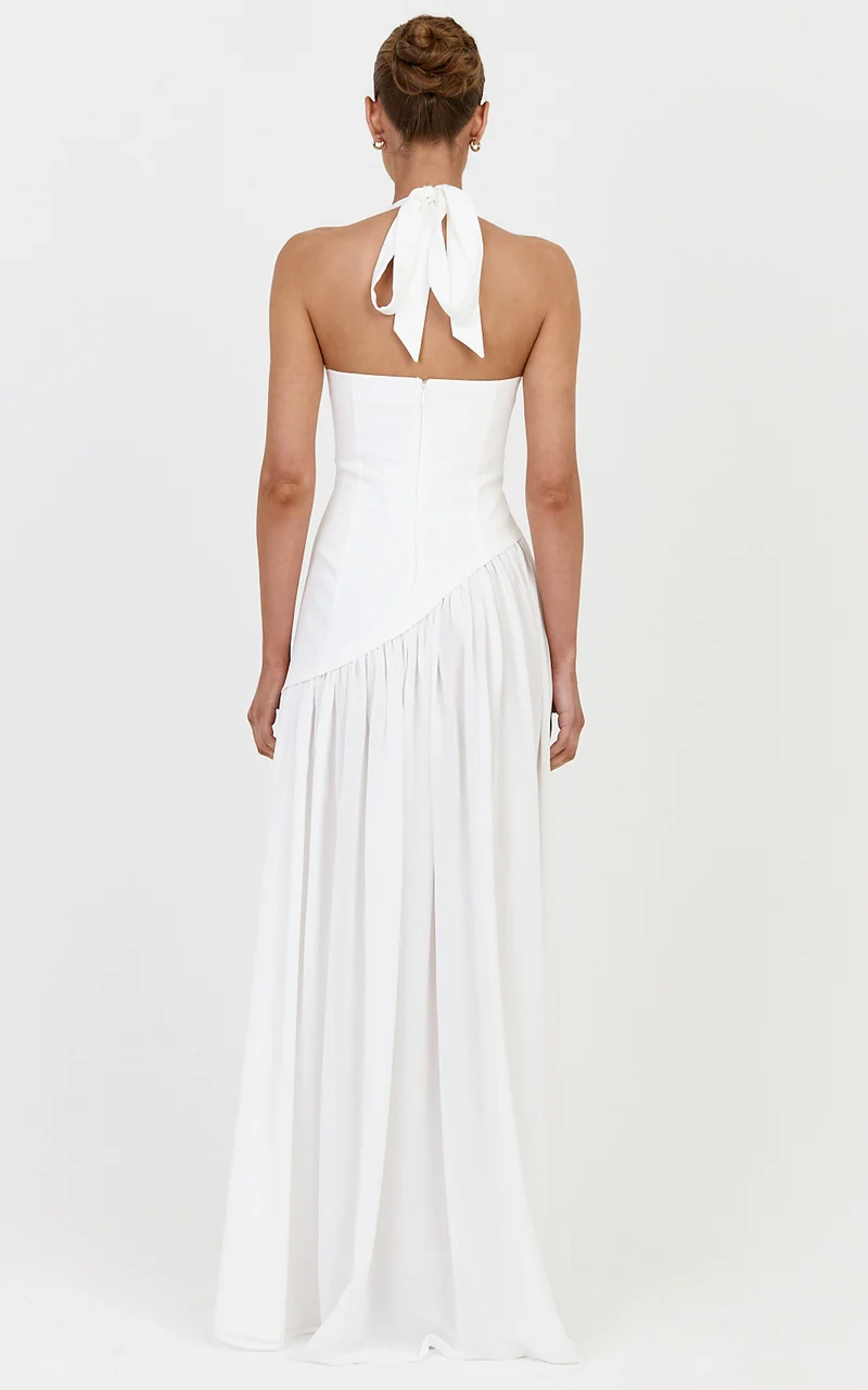 Calla Maxi Dress - Halter Neck Asymmetric Dropped Waist Dress in White