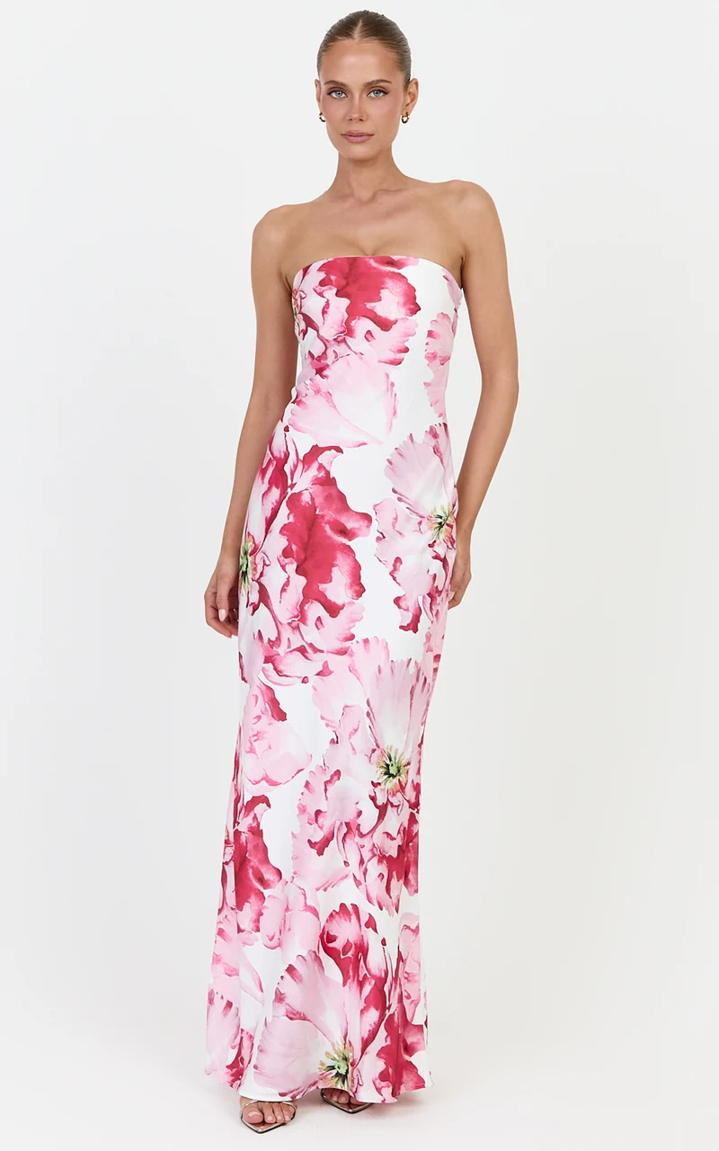 Alessia Maxi Dress - Strapless Fitted Dress in Poppy On White Print