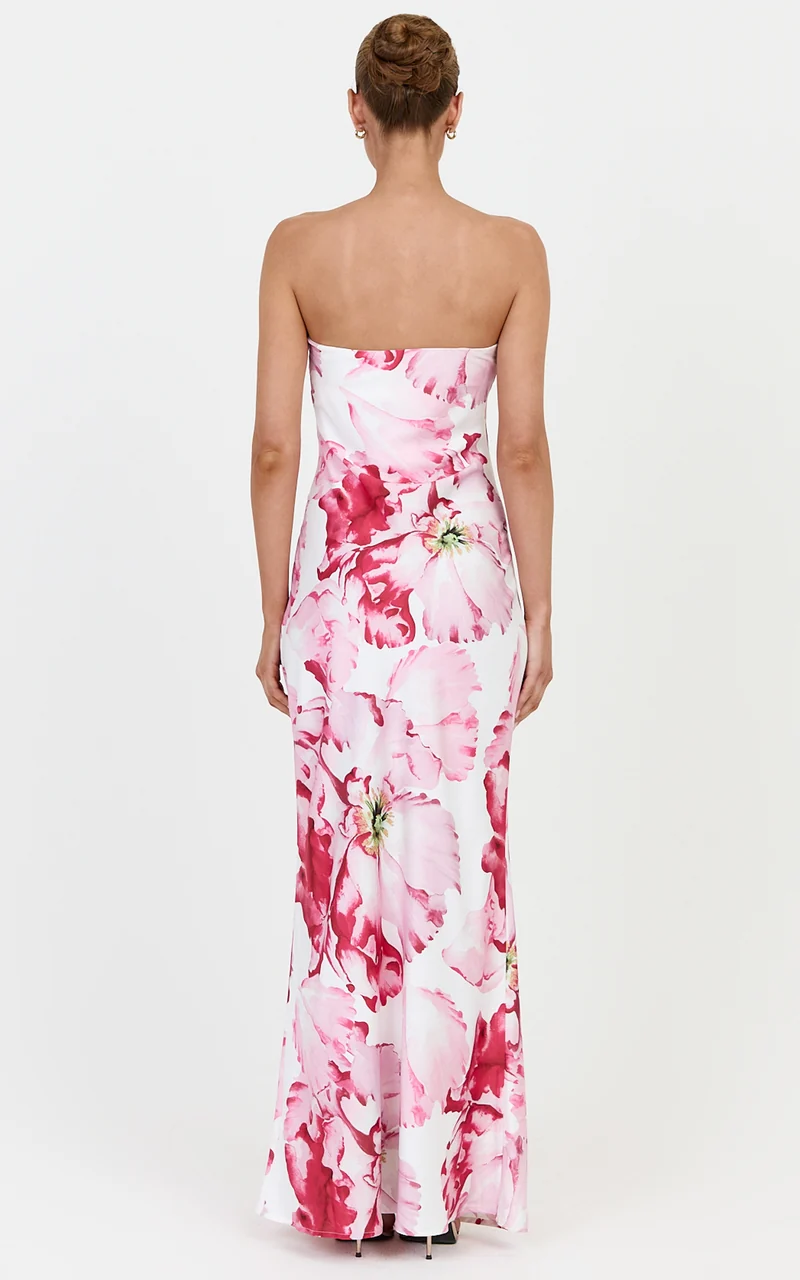 Alessia Maxi Dress - Strapless Fitted Dress in Poppy On White Print