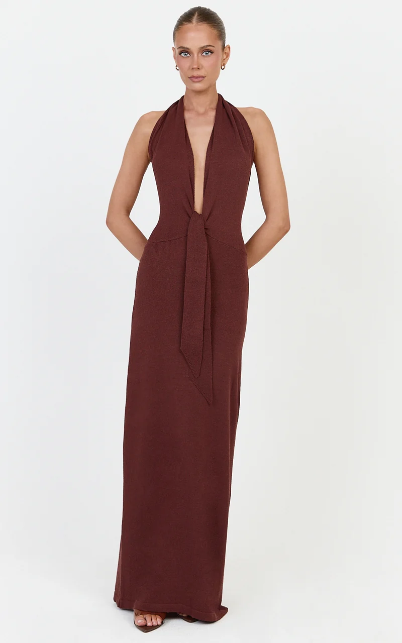 Florence Maxi Dress - Halterneck Tie Detail Knit Dress in Chocolate