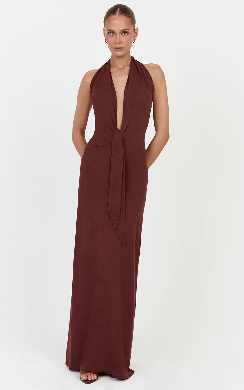 Florence Maxi Dress - Halterneck Tie Detail Knit Dress in Chocolate