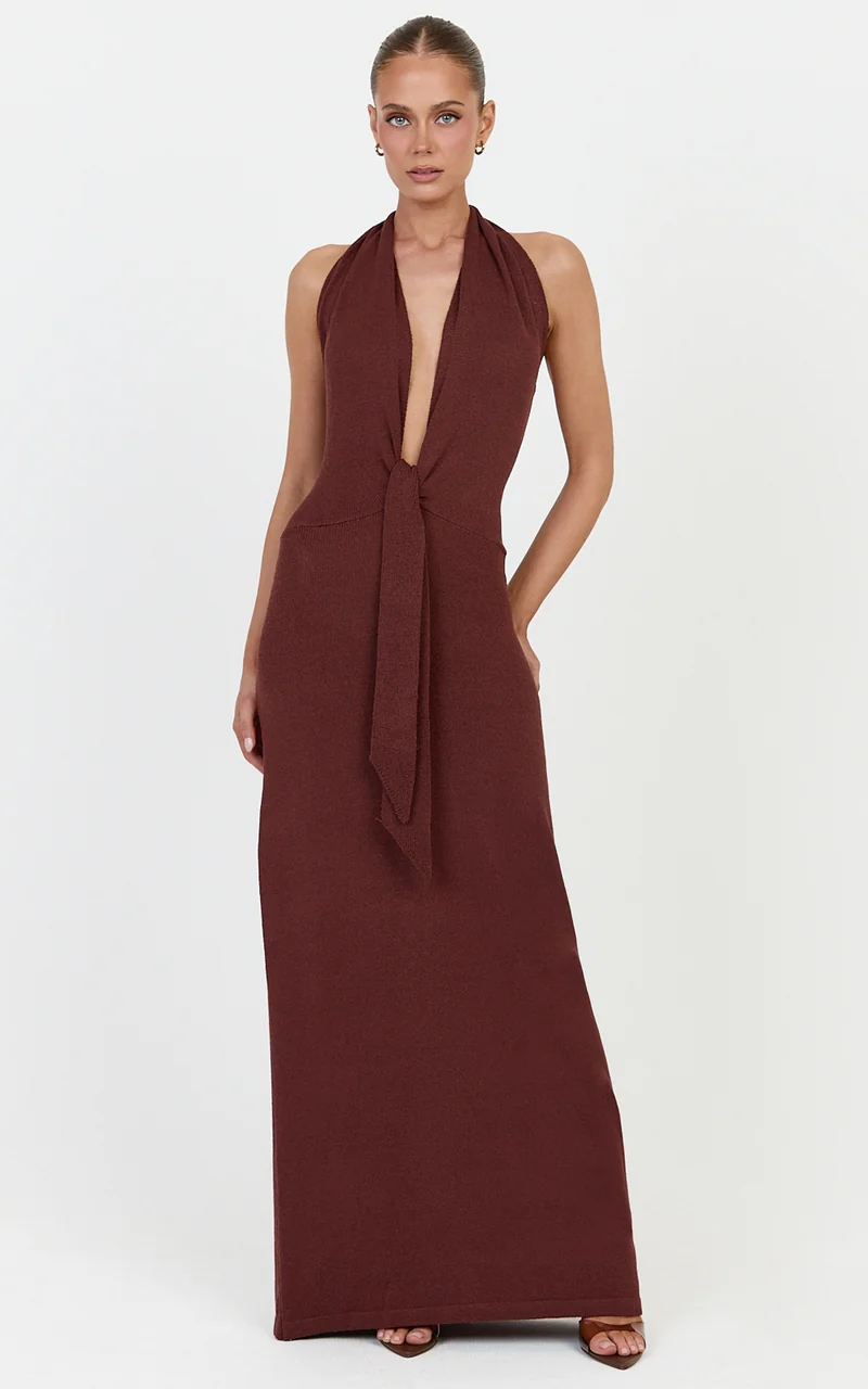 Florence Maxi Dress - Halterneck Tie Detail Knit Dress in Chocolate