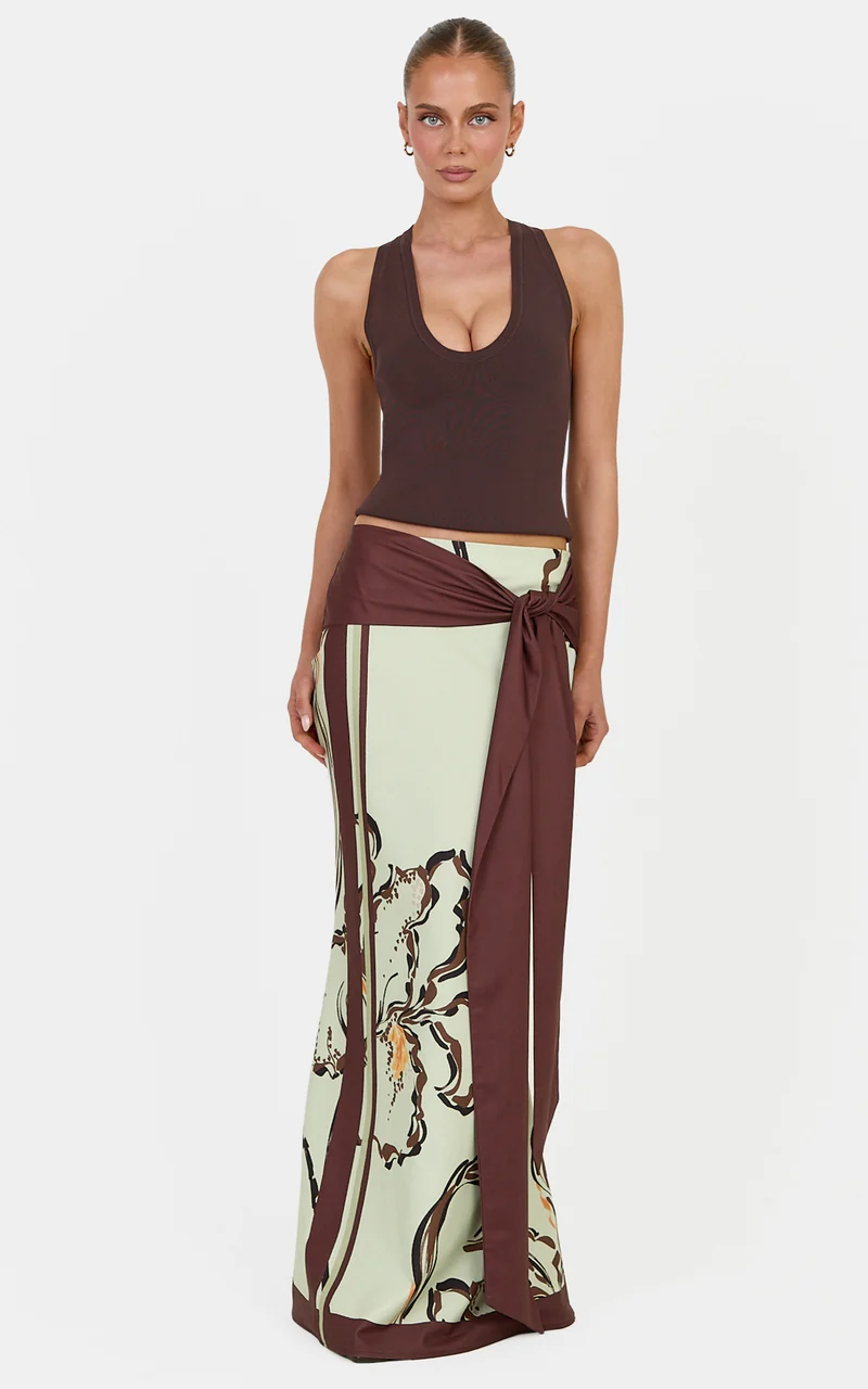 Katherine Maxi Skirt - Tie Waist Skirt in Pistachio Line Floral Print