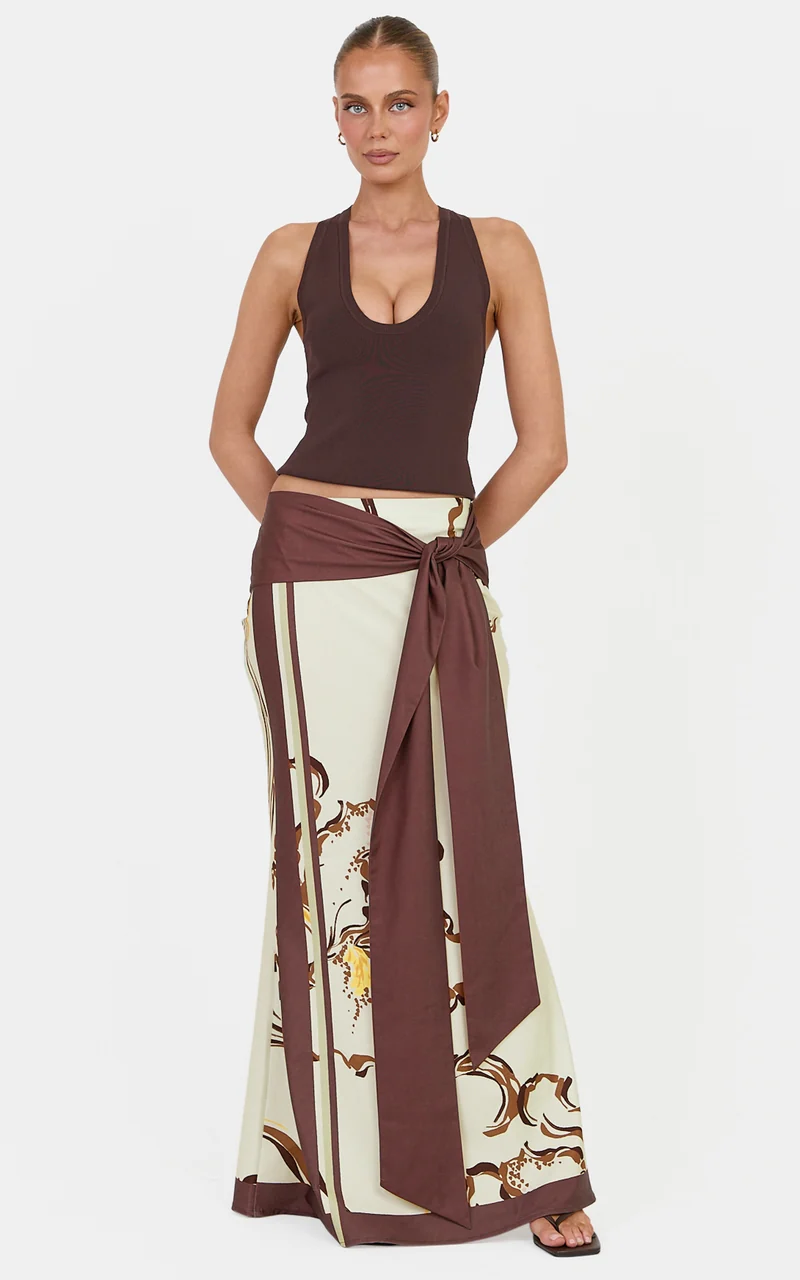 Katherine Maxi Skirt - Tie Waist Skirt in Pistachio Line Floral Print