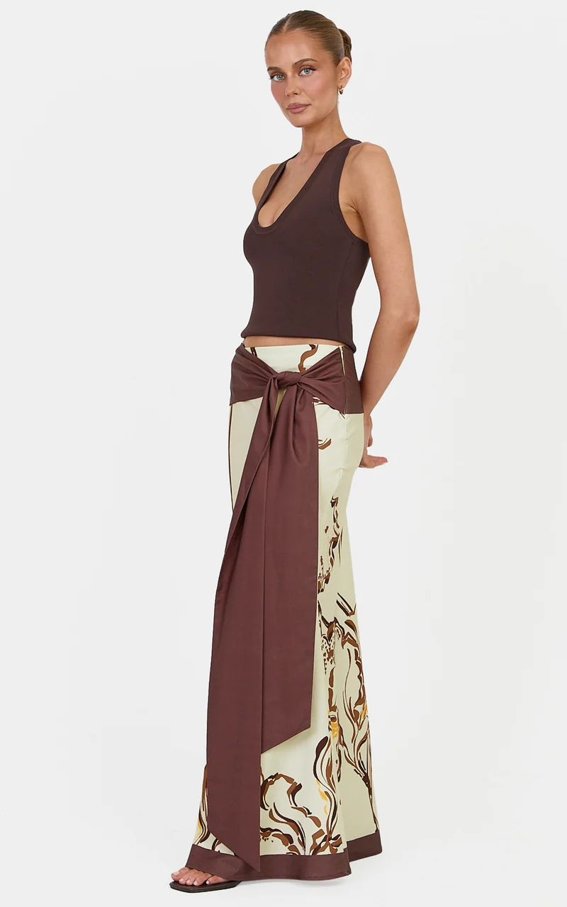 Katherine Maxi Skirt - Tie Waist Skirt in Pistachio Line Floral Print