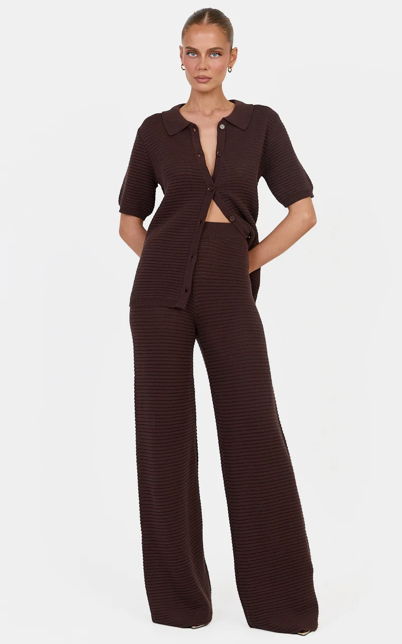Leonora Two Piece Top and Pants Set - Cotton Knit Button Through Shirt and Drawstring Pants Set in Chocolate