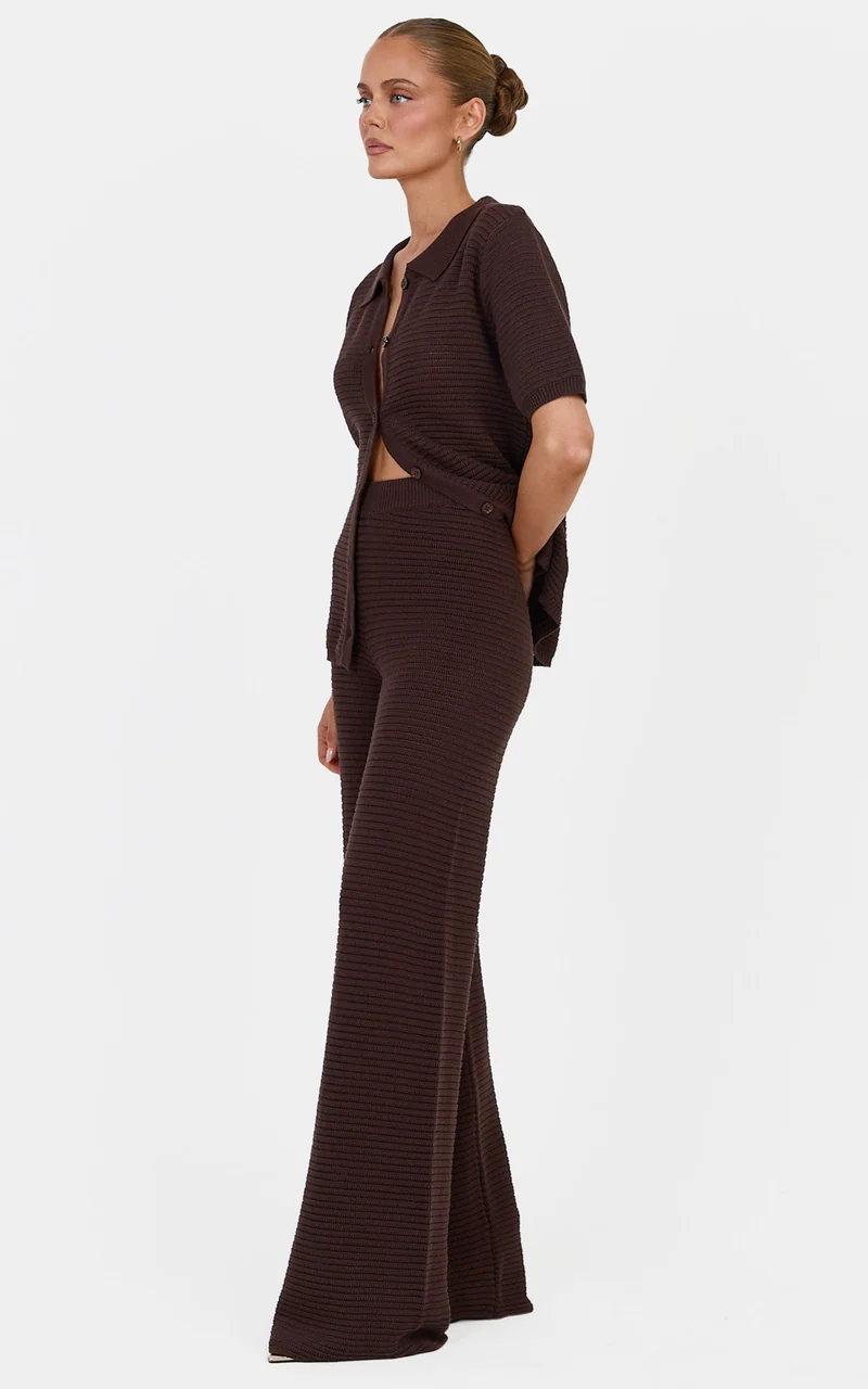 Leonora Two Piece Top and Pants Set - Cotton Knit Button Through Shirt and Drawstring Pants Set in Chocolate