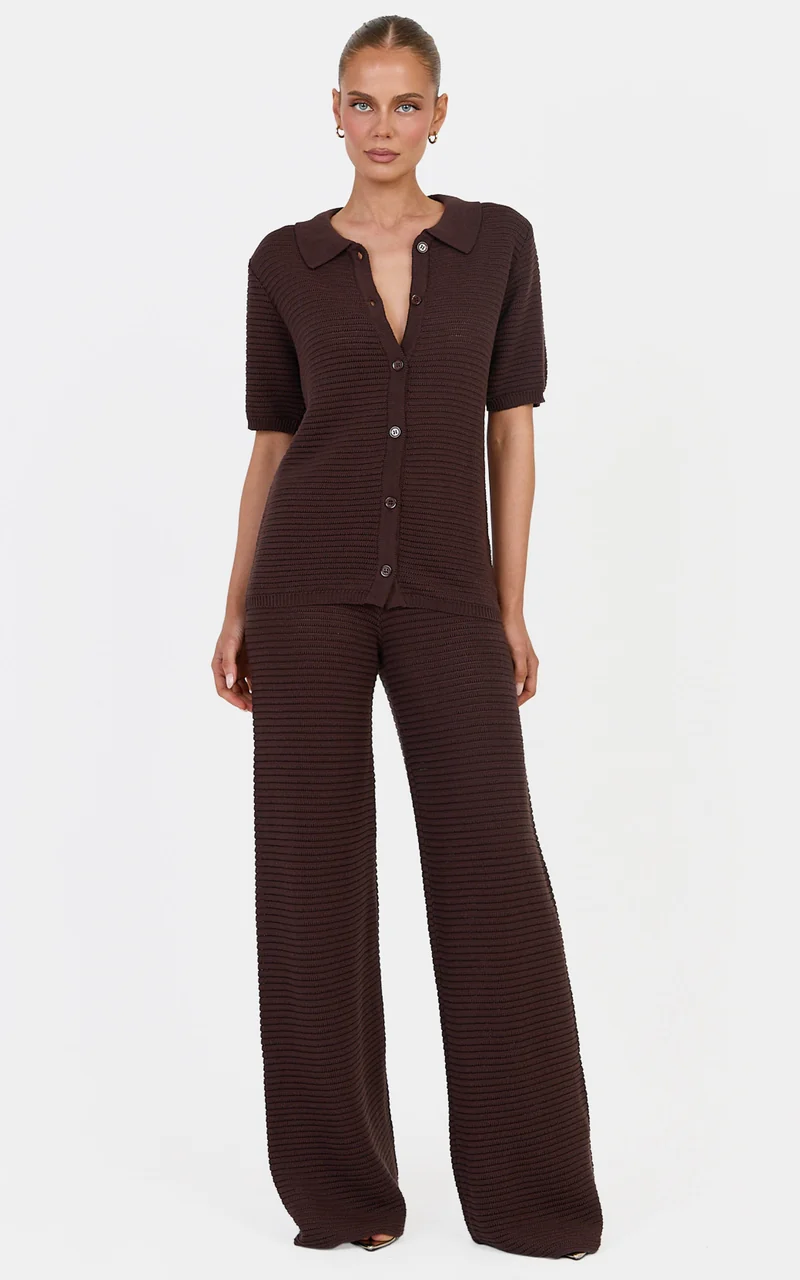 Leonora Two Piece Top and Pants Set - Cotton Knit Button Through Shirt and Drawstring Pants Set in Chocolate