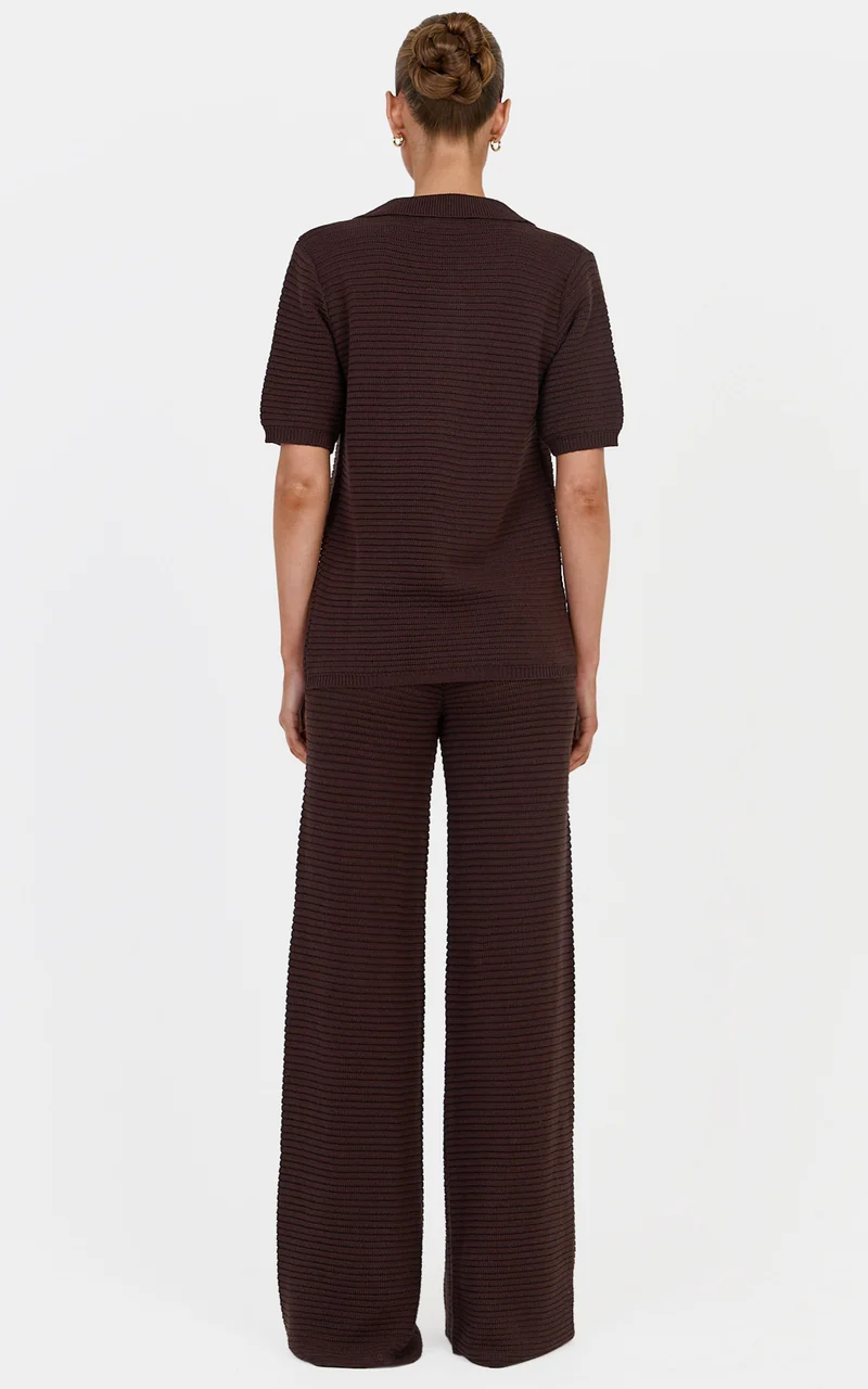 Leonora Two Piece Top and Pants Set - Cotton Knit Button Through Shirt and Drawstring Pants Set in Chocolate