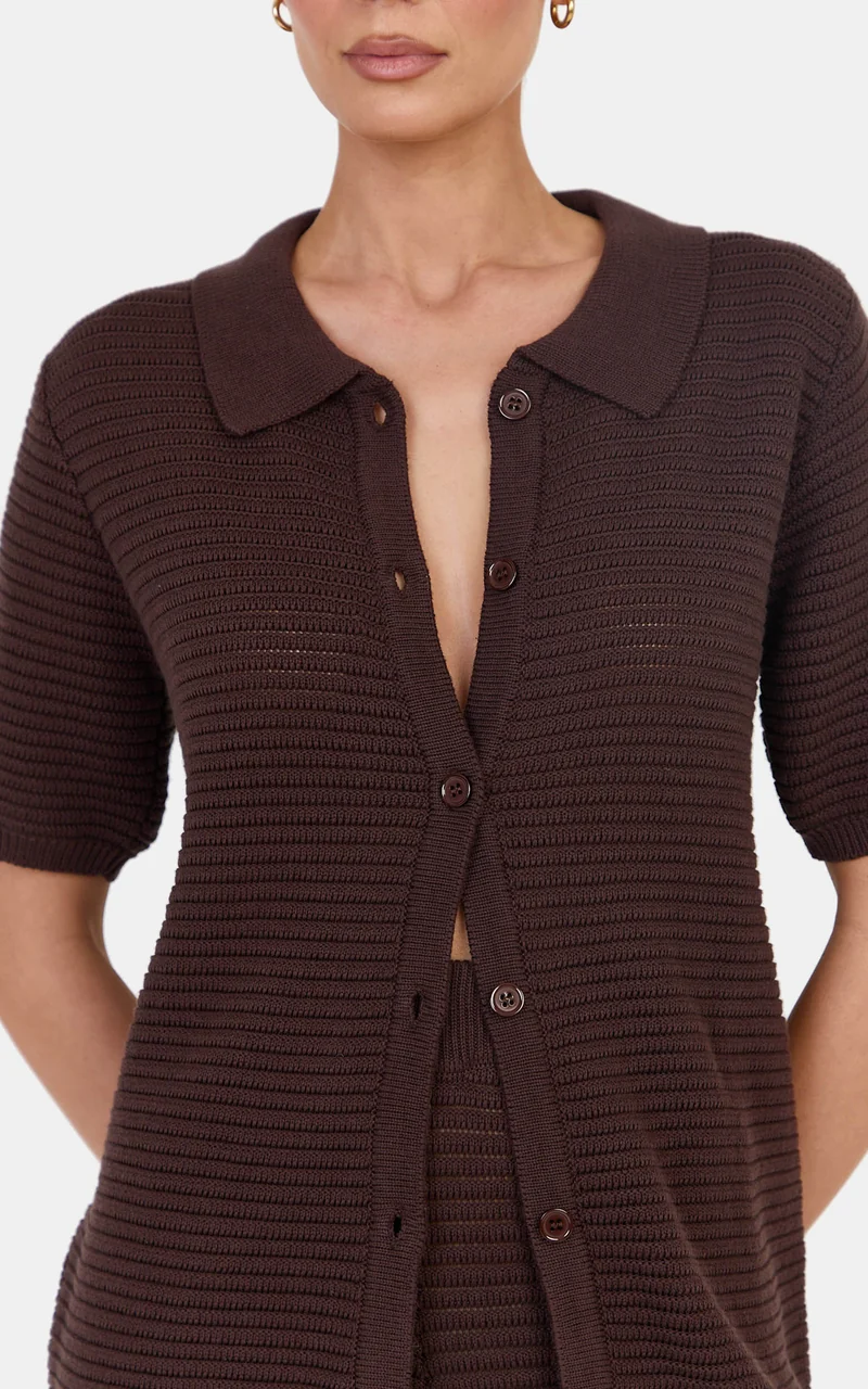 Leonora Two Piece Top and Pants Set - Cotton Knit Button Through Shirt and Drawstring Pants Set in Chocolate