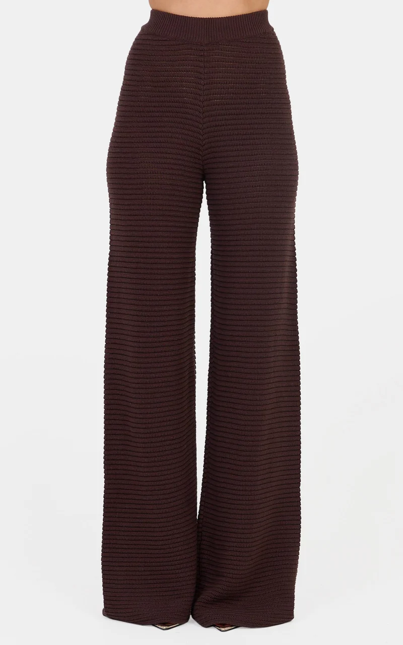 Leonora Two Piece Top and Pants Set - Cotton Knit Button Through Shirt and Drawstring Pants Set in Chocolate