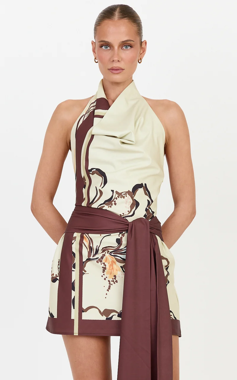 Katherine Mini Dress - Halterneck Cowl Tie Waist Dress in Pistachio Line Floral Print