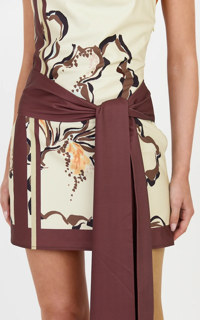 Katherine Mini Dress - Halterneck Cowl Tie Waist Dress in Pistachio Line Floral Print