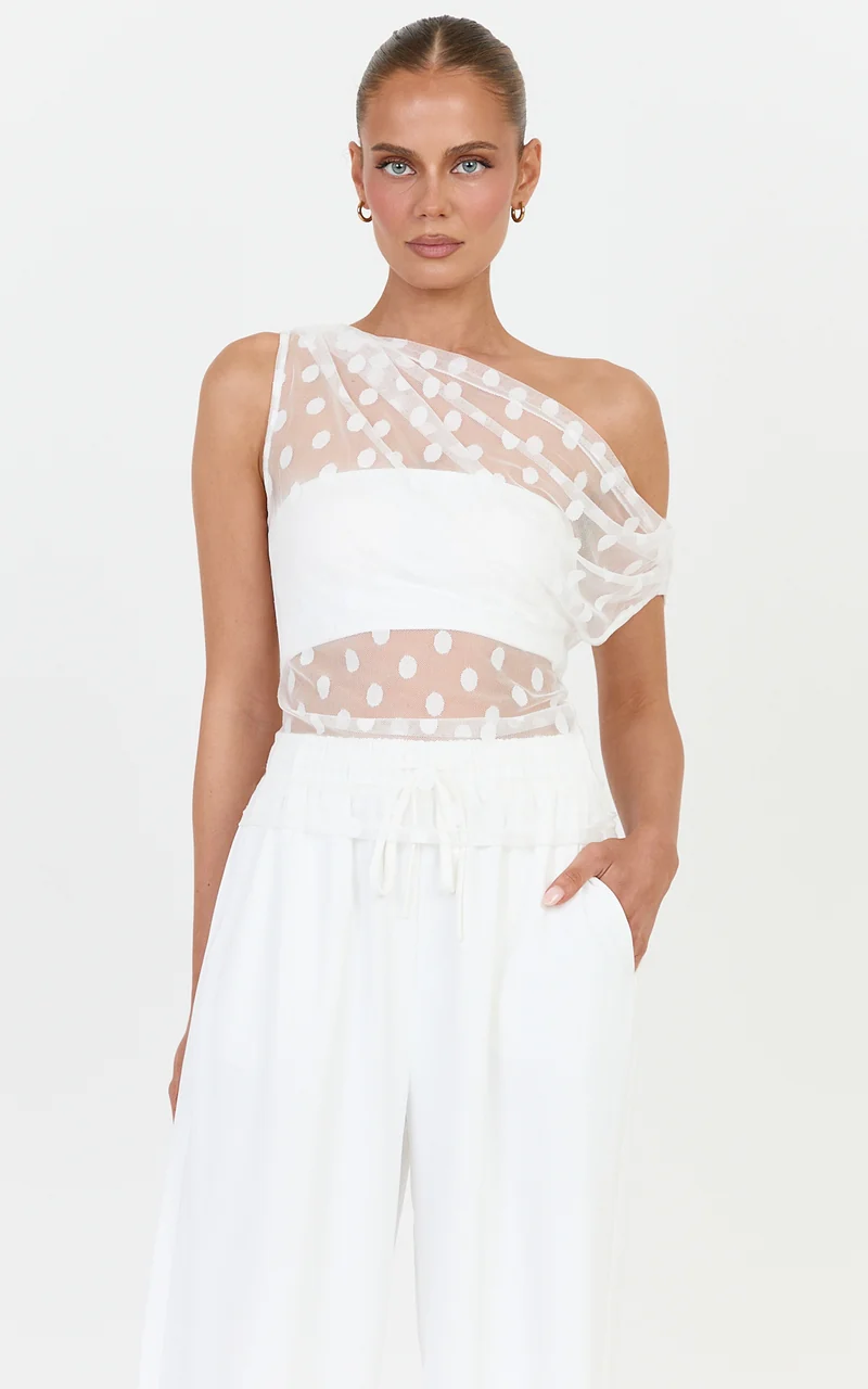 Bessette Top - Polka Dot Mesh Asymmetric Draped Top in Ivory