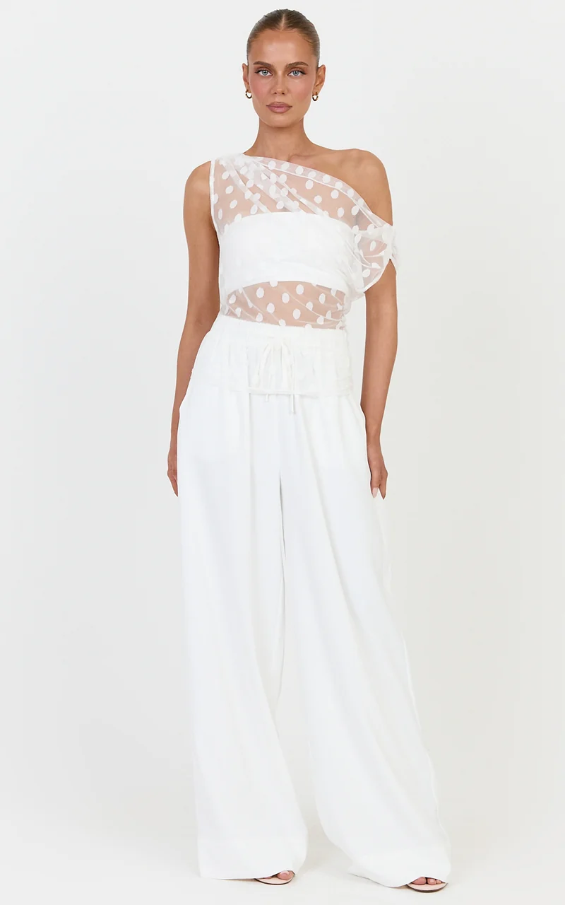 Bessette Top - Polka Dot Mesh Asymmetric Draped Top in Ivory