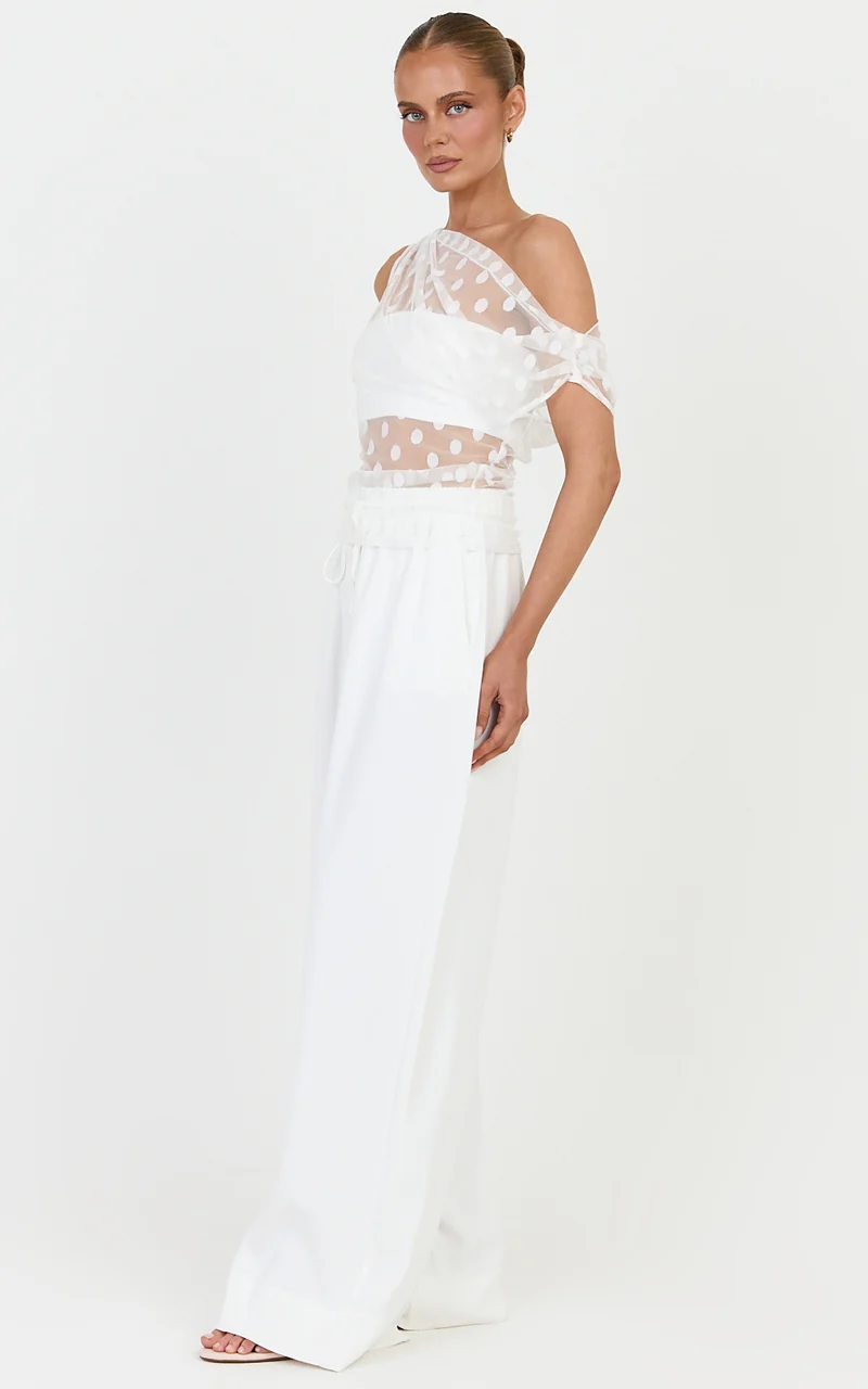 Bessette Top - Polka Dot Mesh Asymmetric Draped Top in Ivory