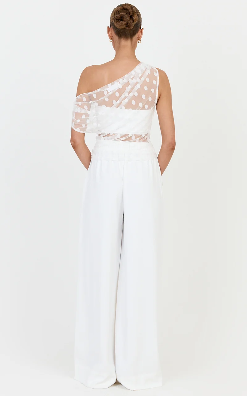 Bessette Top - Polka Dot Mesh Asymmetric Draped Top in Ivory