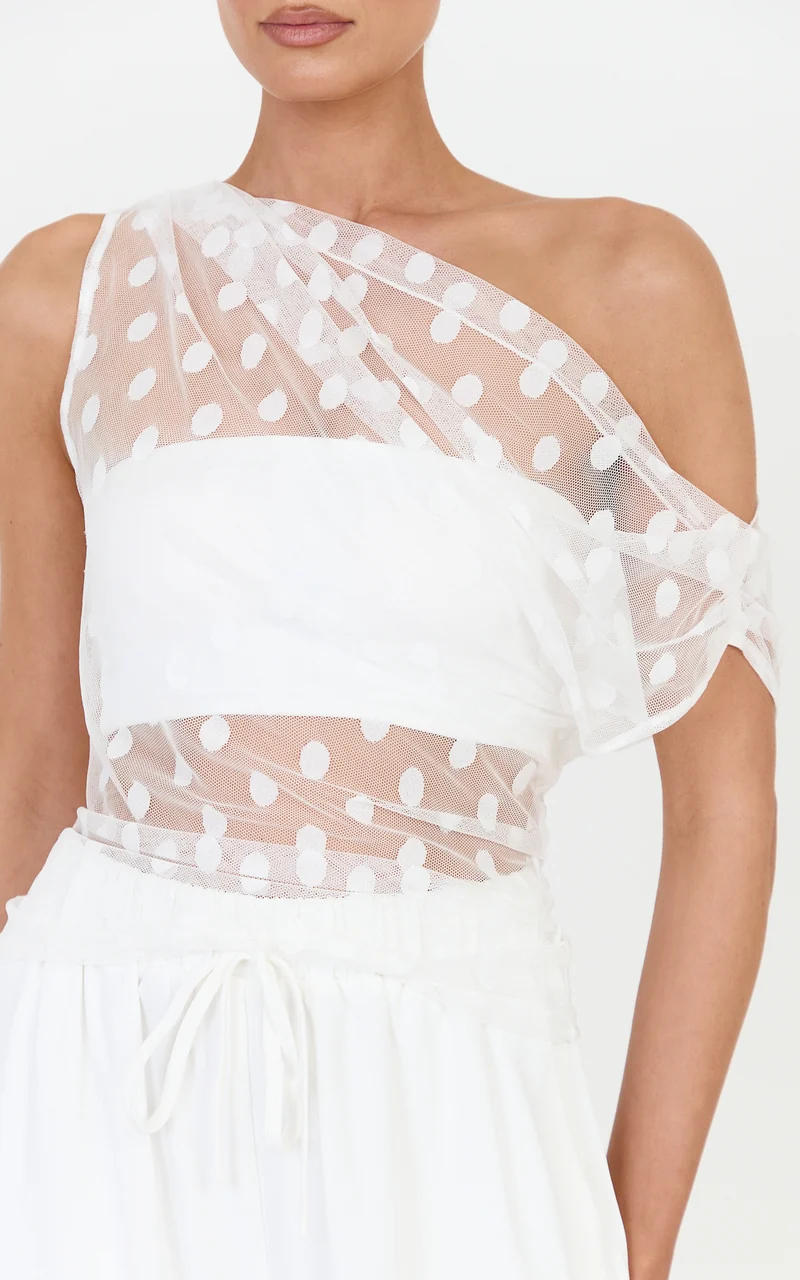 Bessette Top - Polka Dot Mesh Asymmetric Draped Top in Ivory