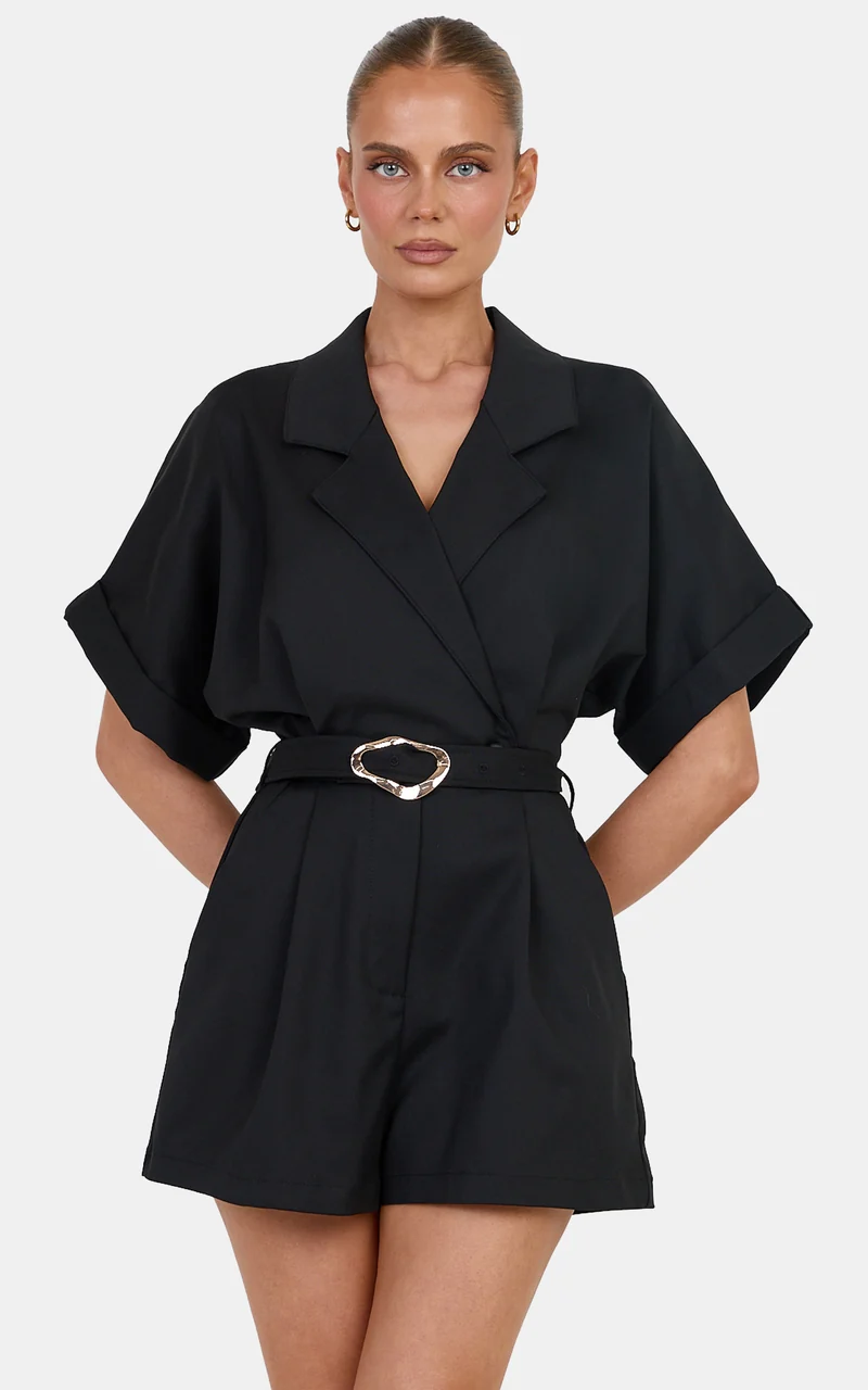 Bella Playsuit - Cotton Blend Short Sleeve Statement Buckle Belted Playsuit in Black