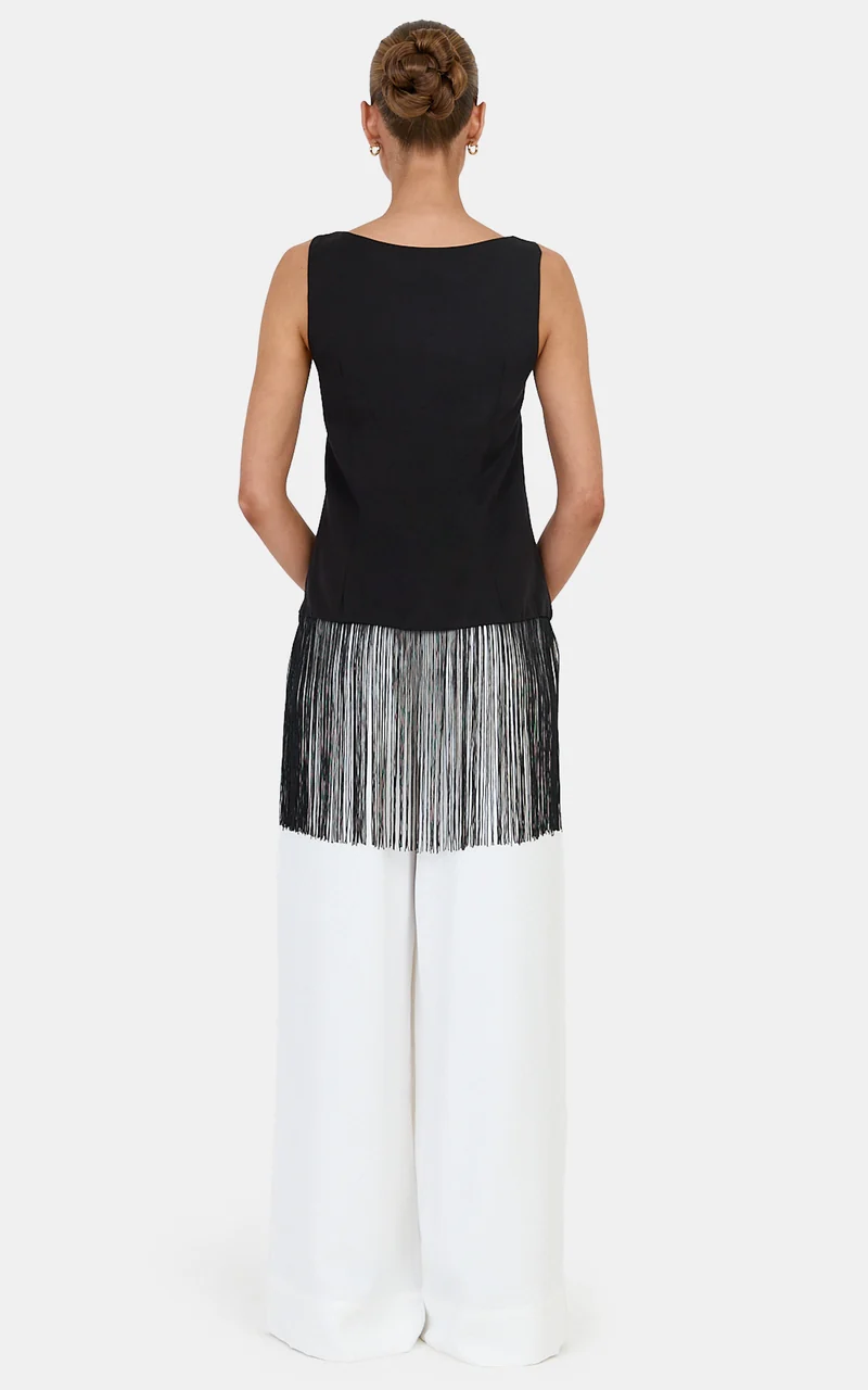 Yara Top - Fringe Hem Top in Black